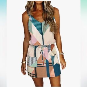 Womens Summer Trendy Stripe Dresses Sleeveless Halter Strap Mini Dress Pockets S